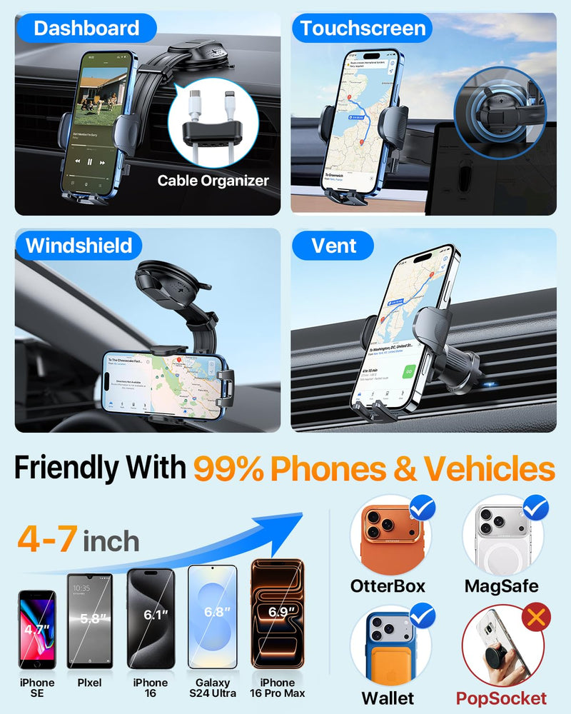 Upgraded Strongest Suction No Block View Bendable Arm Car Phone Holder | Military-Grade Rotatable Dashboard Windshield Vent Cellphone Mount Cradle Stand for iPhone 17 16 15 14 13 Pro Max Light Gray