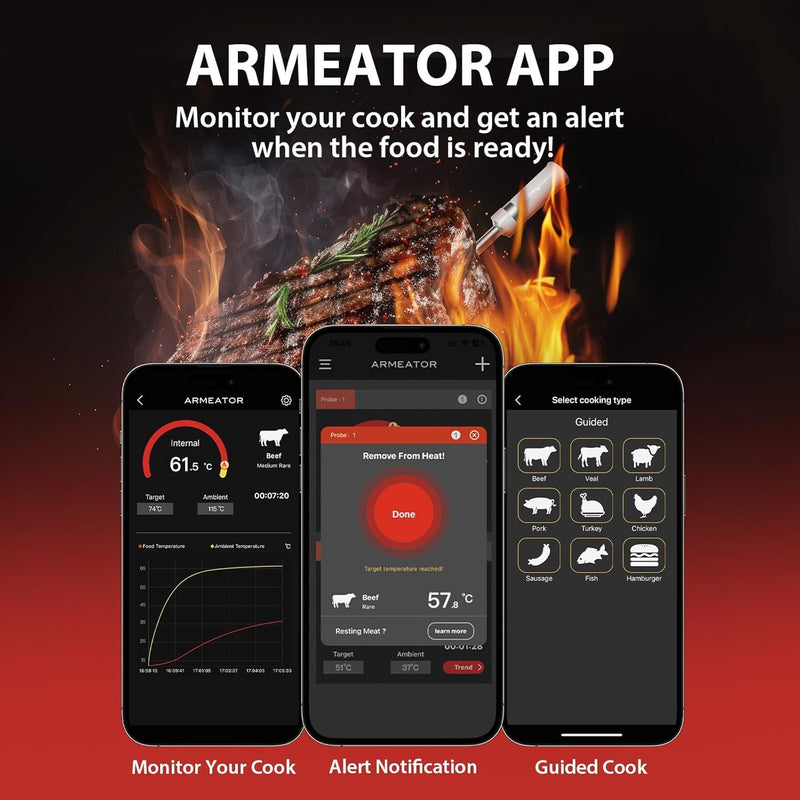 Wireless Bluetooth Meat Thermometer with Dual Sensors- Long Range Bluetooth Meat Thermometer for Grill, Air Fryer, Oven Real Time Instant Read Monitoring Red/black-1 Probe