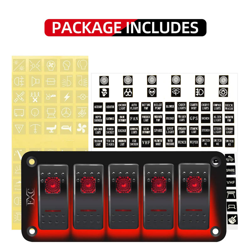 FXC Rocker Switch Aluminum Panel 5 Gang Toggle Switches Dash 5 Pin ON/Off 2 LED Backlit for Boat Car Marine Red 5Gang Red