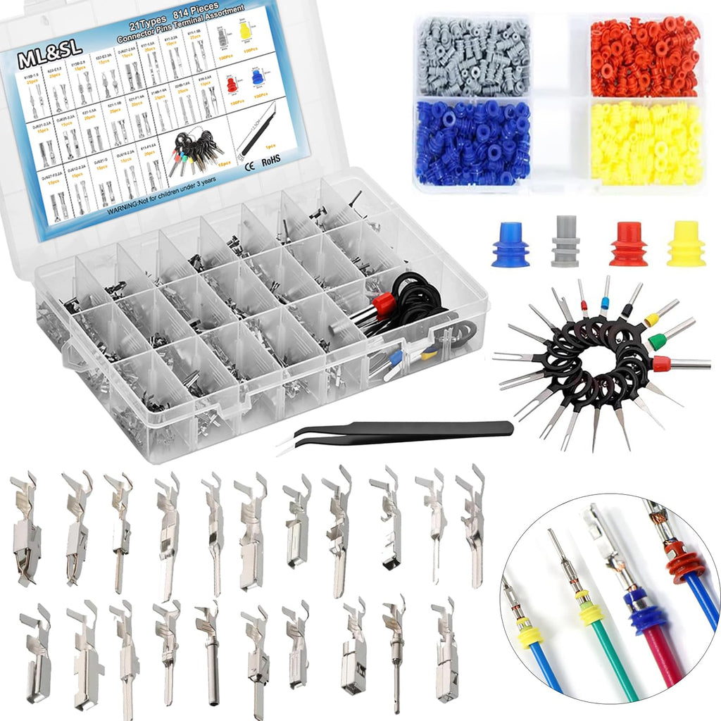 799Pcs Connector Pins Terminal Car Electrical Wire Terminal Tool 1/1.5/1.8/2.2/2.8/3.5mm Seals Automotive Motorcycle Connector Removal Male Female Crimp Pins Non-Insulated Plug Kit