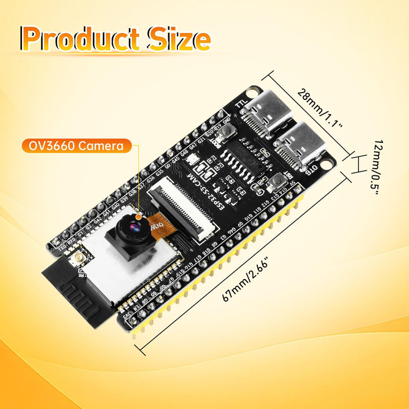 ESP32-S3-CAM Development Board with OV3660 Camera +Antenna, 16MB Flash 8MB PSRAM ESP32-S3 N16R8 Module with Dual USB-C WiFi BT MCU Microcontroller for IoT, MicroPython,DIY Projects and AI Project