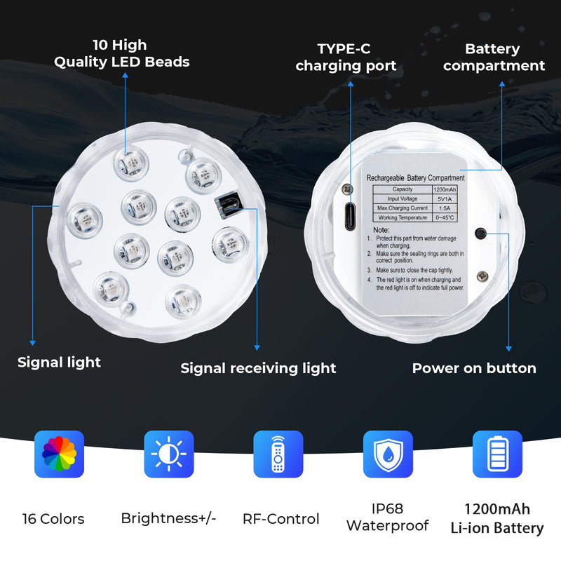 Seaponer Rechargeable Boat Lights - IPX8 Waterproof LED Lights with Remote, RGB Multi 25 Colors, for Deck Courtesy Interior Lights, Fishing Kayak Duck Jon Bass Boat, 2 Pack