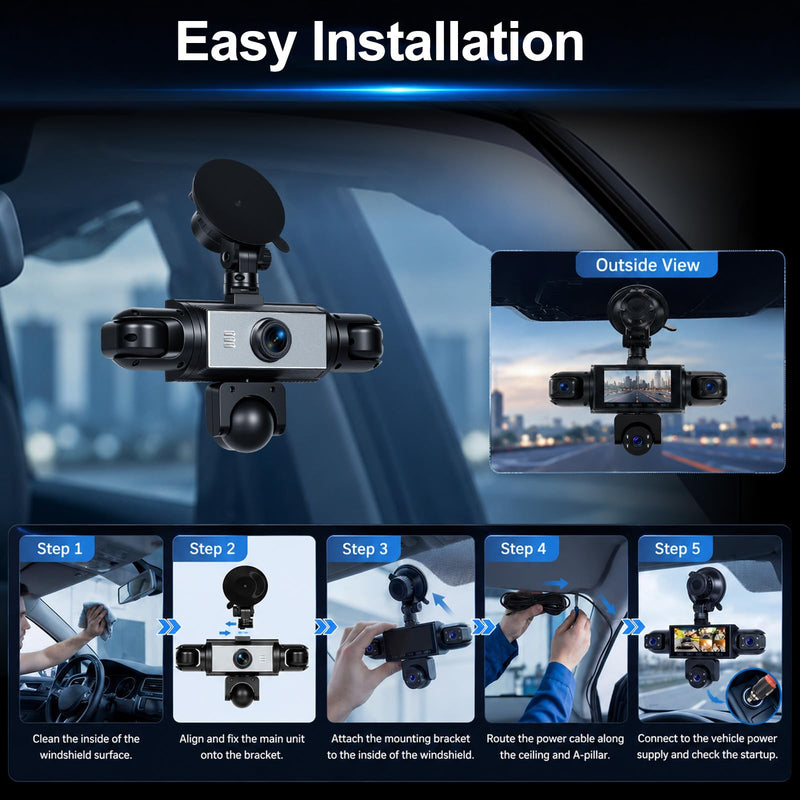 360 5 Channel Dash Cam Front Rear and Inside,3.16inch 1080P Car Camera