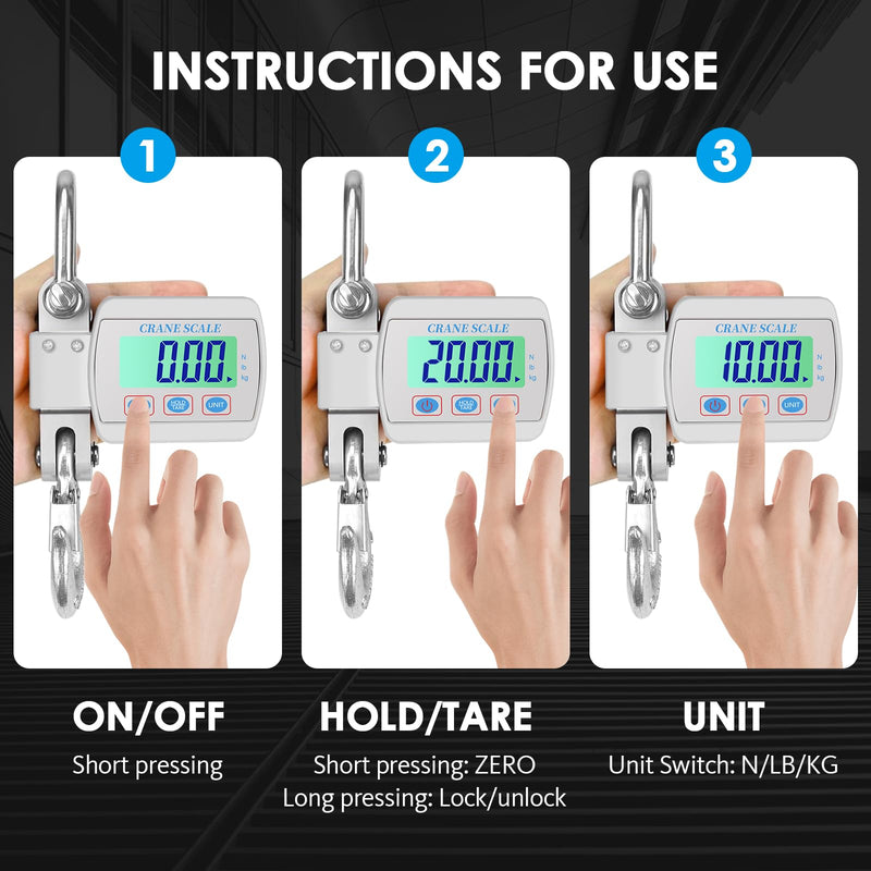 1100lbs 500kg Digital Crane Scale, Heavy Duty Hanging Scale with Backlit LCD, Tare, Unit Change Functions for Industrial Factory, Farm, Construction White