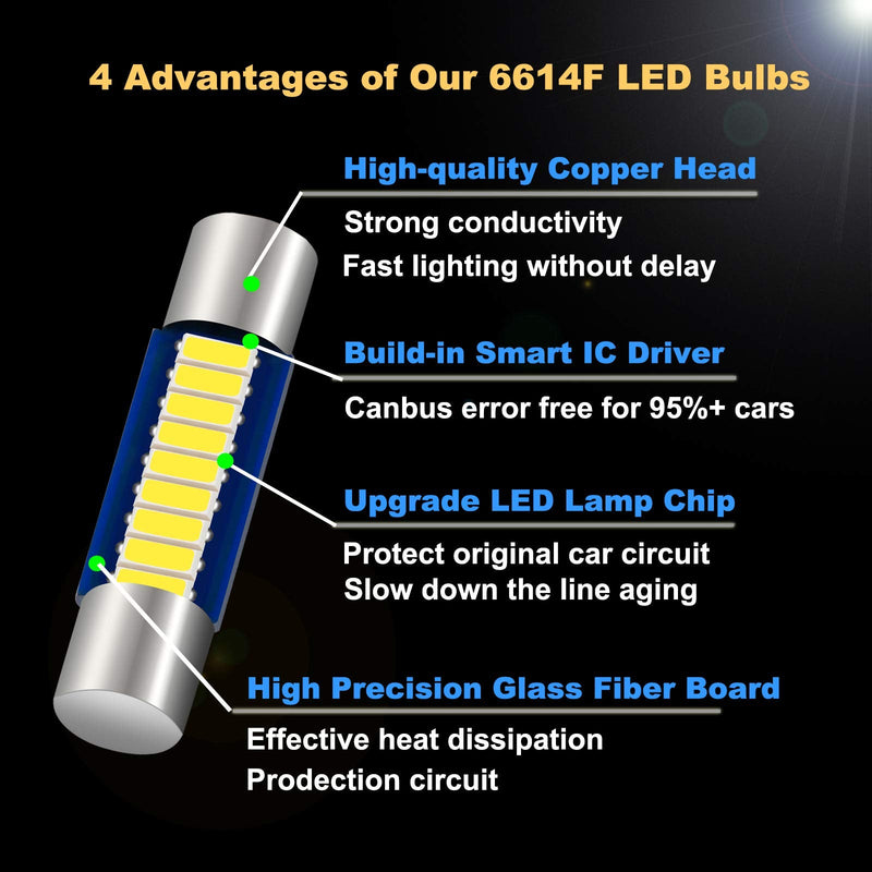 6PCS 28mm 29mm 6614F Festoon LED Car Bulb, Extremely Bright 9-SMD 4014 chips 6641 6612F LED Bulb, Fit for Vanity Mirror Lights and Sun Visor Lights, 6000k White 6PCS 29mm 9SMD