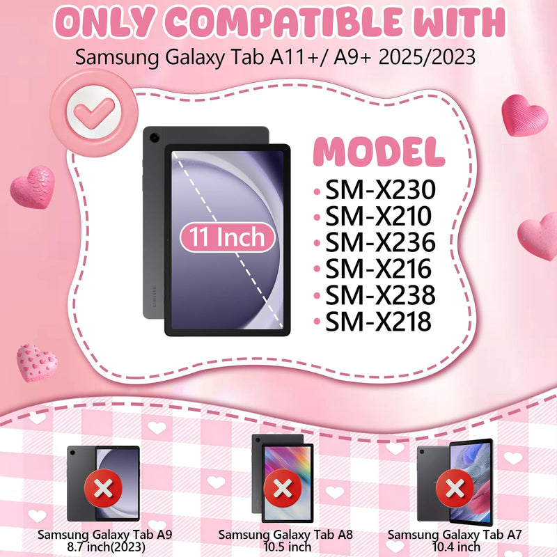 SAMONPOW for Galaxy Tab A11+ Plus Case 11 Inch Galaxy Tab A9 Plus Kids Case | Cute Bow Heart Silicone Cover Samsung Galaxy Tab A11+/A9+ Tablet Case 2025/2023 for Girls Teen with Rotating Stand Handle Hot Pink for Samsung Galaxy Tab A11+/A9+ Plus