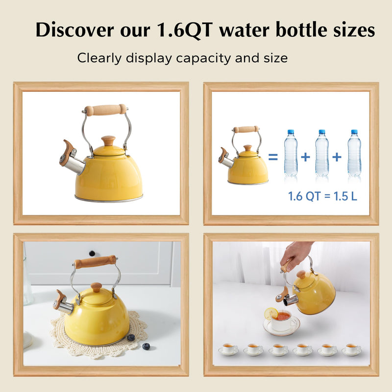 ROCKURWOK Tea Kettle, Tea Pot with Cool Touch Ergonomic Handle, Teapot Food Grade Stainless Steel, Tea Kettle Stovetop, Kettle Teapot, Whistling Tea Kettle, Small Tea Kettles, 1.6 Quart (Yellow) Yellow(1.6QT) 1.6 Quarts