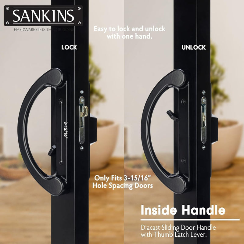 Sliding Glass Door Handle with Lock, Replacement Patio Door Locks, Sliding Glass Door Lock Patio Door Handle with Key Cylinder, Fits Hole Pitch Doors with 3-15/16 Inch Hole Pitch, Black