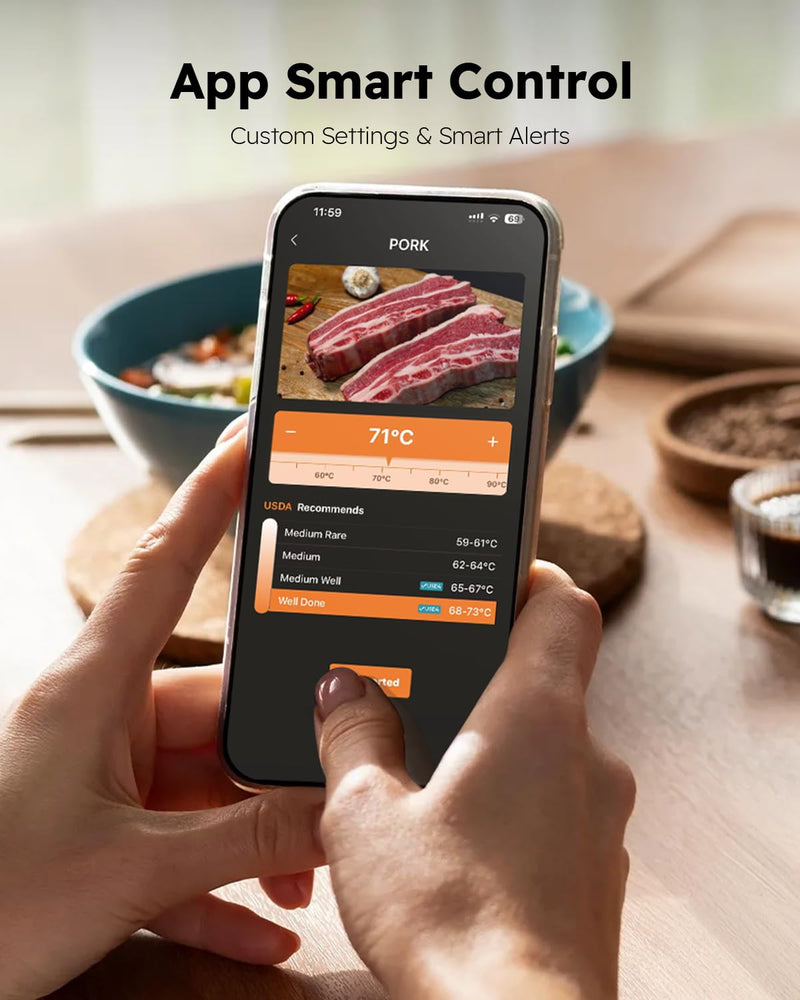 Wireless Meat Thermometer with App Control, 600FT Bluetooth Range, Dual Probes & 6 Sensors, 0.5S Instant Read, LCD Display, IP67 Waterproof Real-Time Monitoring & Smart Alerts for BBQ, Grill, Oven Black