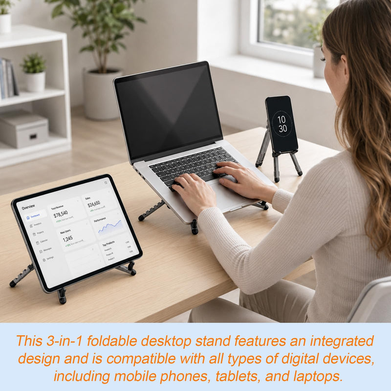 3-in-1 Portable Laptop Stand, Aluminum Alloy Foldable & Adjustable Travel Laptop Desktop Riser Stand Holder with Magnetic Metal Ring & Storage Bag Suitable for Mobile Phones Tablets Computer