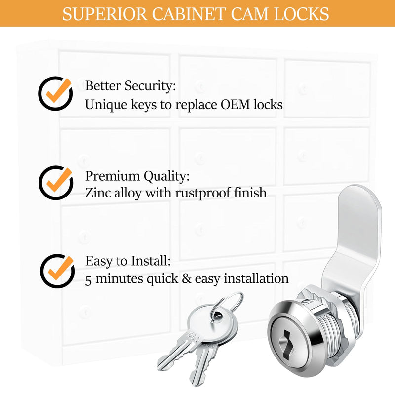 5/8 Cam Locks - 5/8 Diameter Cam Lock Keyed Alike Cabinet Locks Secure Files Drawers Mailbox RV Cylinder Replacement Lock Set, Camper Door Tool Box, Zinc Alloy(12 Pack) 5/8inch