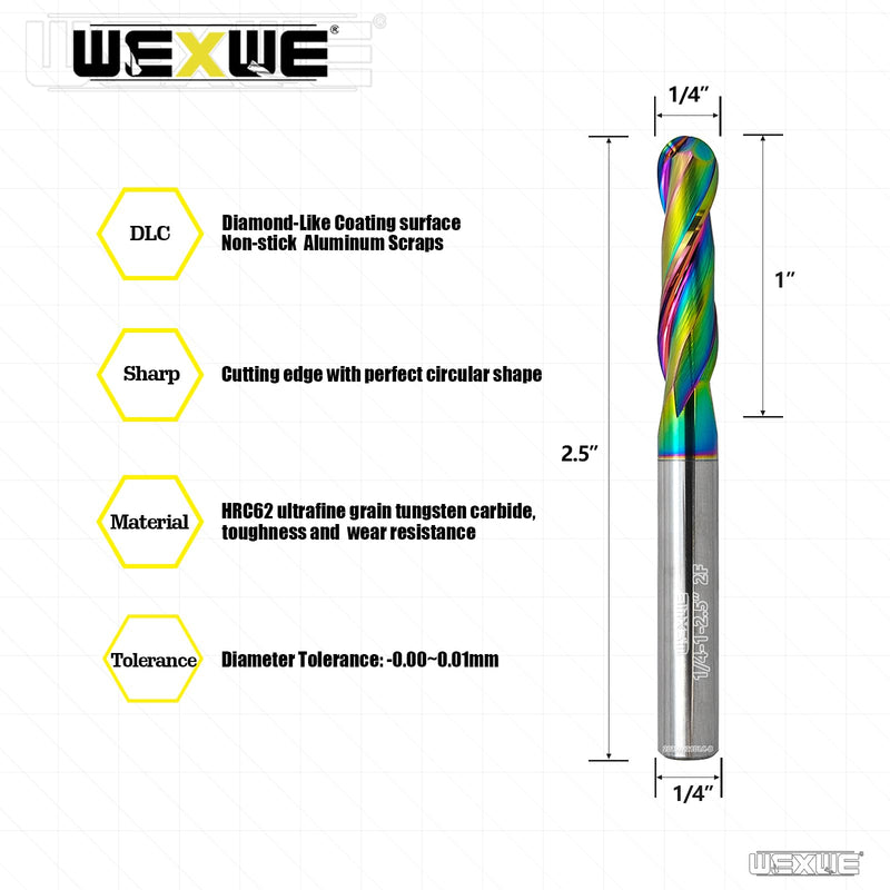 Tools Extra Long Ball Nose Carbide End Mill, DLC Coating, CNC Cutting Tools for Aluminum and Wood Cutting, 3D Carving & Engraving. 2 Flute Router Bits，1/4 Shank (1/4-2.5" 2pcs) DLC BALL 1/4-2.5" 2PC
