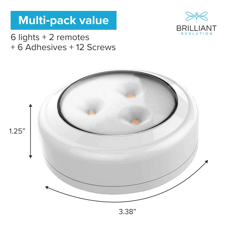 Brilliant Evolution 6-Pack Wireless RGB LED Lights - Battery Operated Puck Lights with 2 Remotes - Color-Changing LED Under Cabinet Lighting - 55 Lumens Each Night Light for Cabinets, Shelves, Walls