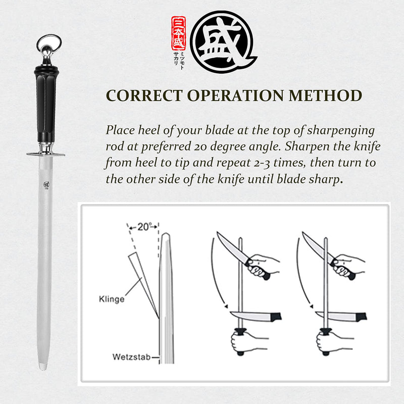 MITSUMOTO SAKARI 10 inch Japanese Honing Steel - Flat Diamond Knife Sharpening Rod, Professional High Carbon Sharpener with ABS Handle & Powerful Magnet Flat Sharpening Rod
