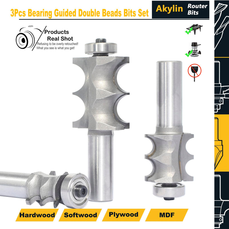 3Pcs Double Beading Router Bits 1/2" Shank,Cutting Height 3/4",7/8",1-3/8" Pair Beads,Dual Bead Columns for Furniture Molding,Perfect Edge Mould Cutter for Shelf with Ball Bearing Guided 3pcs-1/2"S