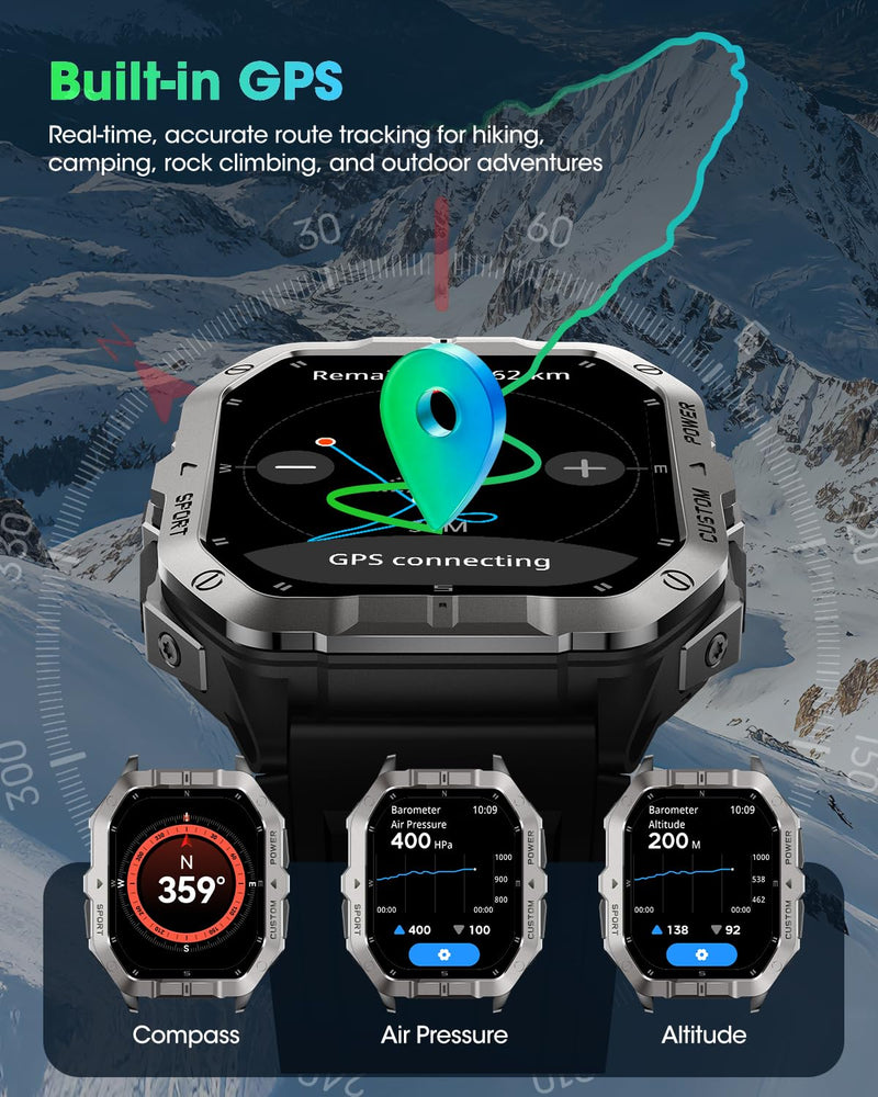Military Smart Watch Built-in GPS,Bluetooth Calling, for iPhone & Android | 100+ Sport Modes for Men Fitness watch, Smartwatch with Heart Rate & Sleep Tracking, 2ATM Waterproof , Black 2.02"