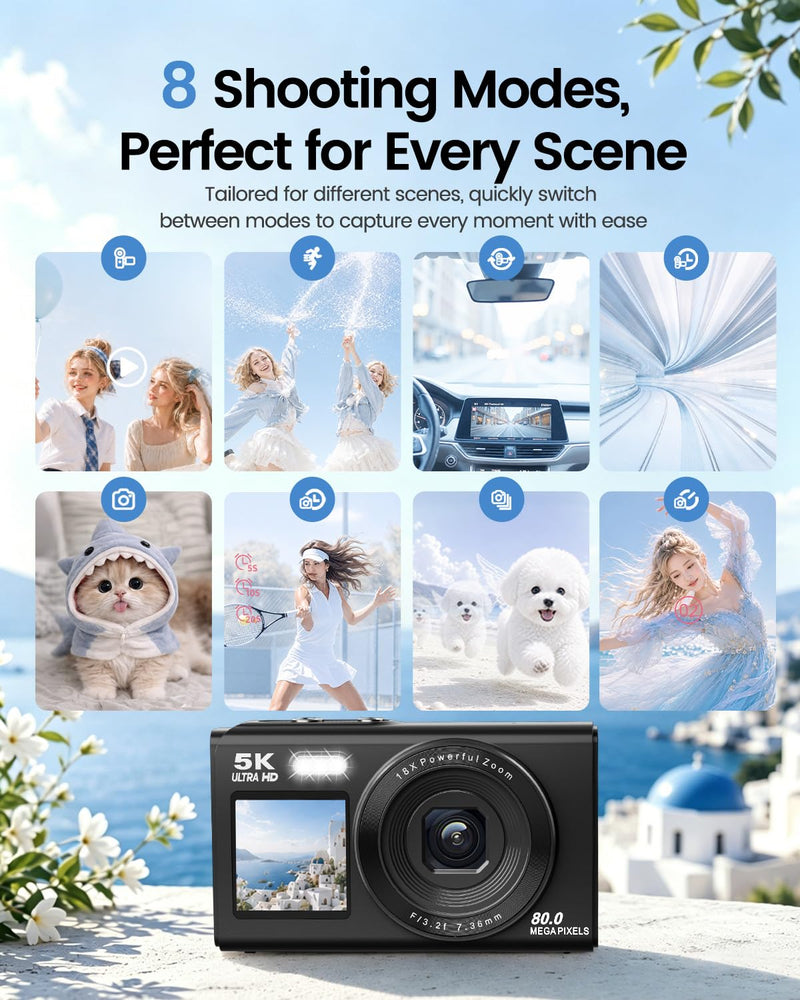 5K Digital Camera for Teens and Beginners, Dual Screen Compact Vlogging Camera with 18X Digital Zoom, Point and Shoot for Travel, 32GB Card and 2 Batteries Black