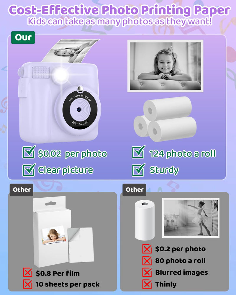 Instant Print Camera for Kids with 3 Rolls of Printer Paper, 1080P Toddler Digital Camera Toys for Age 3-12 with 32GB SD Card, Christmas & Birthday Gifts for 3 4 5 6 7 8 Year Old Girls & Boys (Purple) Purple