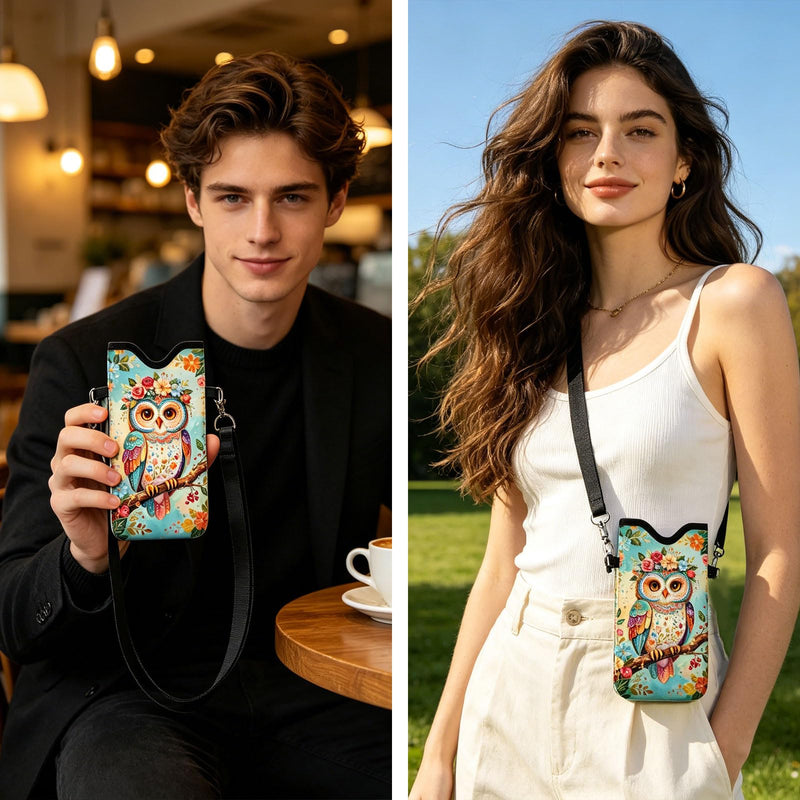 GLOBLELAND Owl Cell Phone Sleeve Pouch Case Bag 7.1×3.9 inch Flowers Leaves Shockproof Universal Phone Bag with Crossbody Strap Neck Lanyard for Women Men Phone Headphones Watch