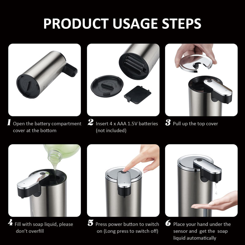 Automatic Soap Dispenser, Automatic Liquid Soap Dispenser Touchless, 12oz/340ml, 3-Level Adjustable, Battery Operated, Water-Resistant for Bathroom, Kitchen, and School, Clog-Free, Stainless Steel Chromed & Stainless Steel