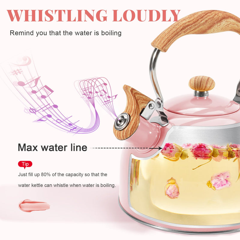 GGC Tea Kettle for Stove Top, 85OZ/2.6QT Whistling Tea Kettles for Boiling Water Milik or Coffee, Pink Stainless Steel Tea Pots with Wood Pattern Folding Handle, Thumb Design Control Kettle Outlet Cute Pink