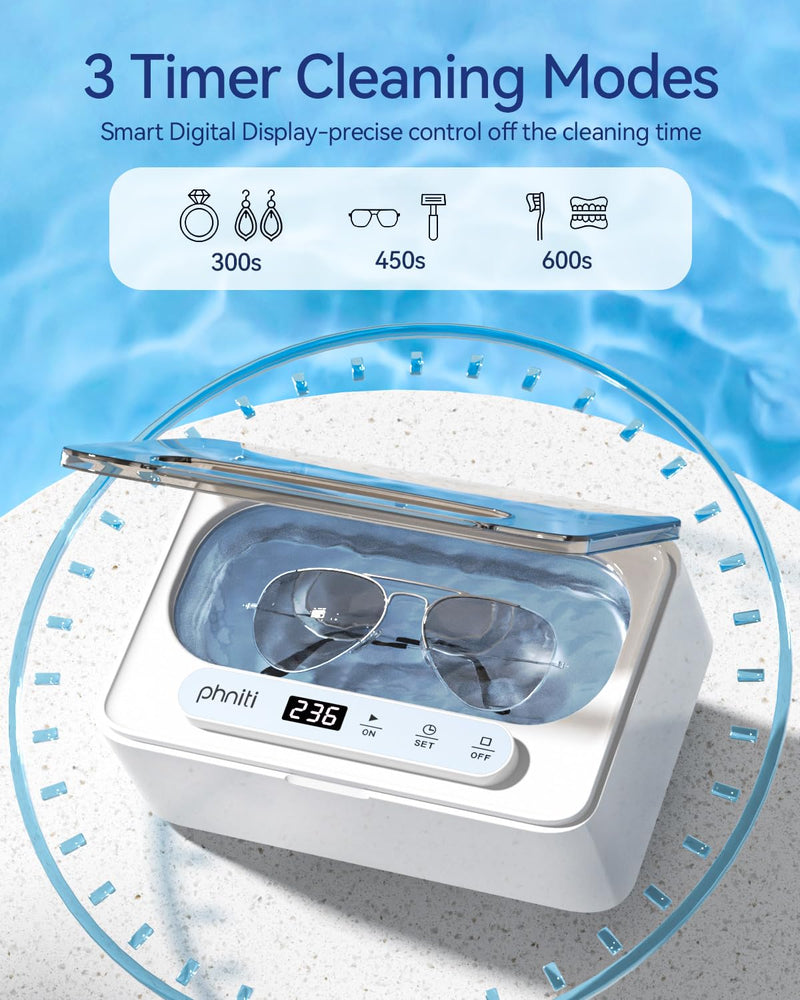 Phniti Ultrasonic Jewelry Cleaner, 47kHz Professional Ultrasonic Retainer Cleaner Machine for Dental Cleaning Three Cleaning Modes, Mouth Guard, Watch, Ring, Diamond, White 330ML