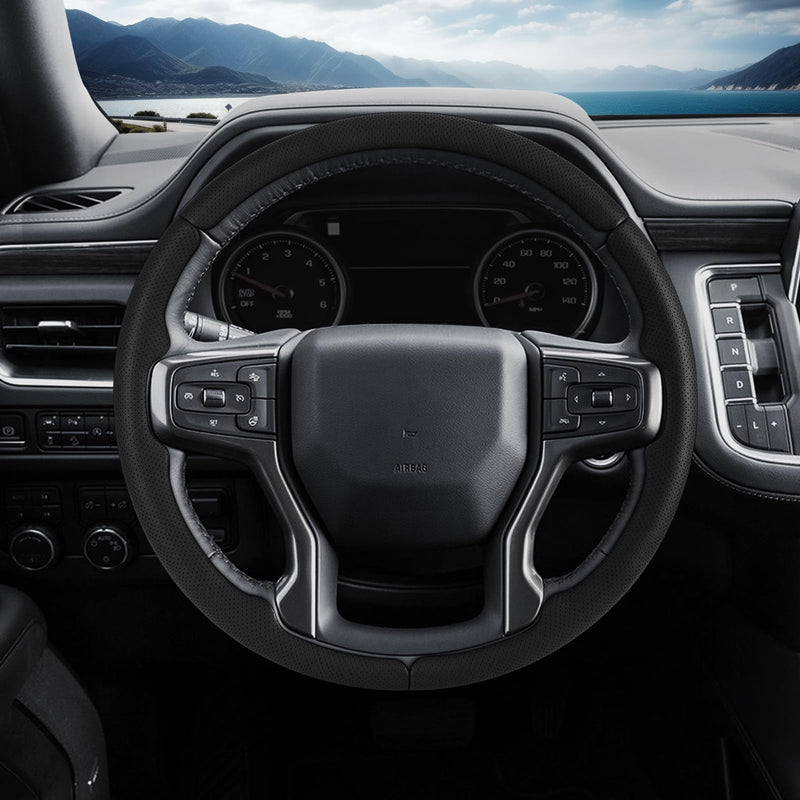 Steering Wheel Cover for Chevy Silverado 1500 2019-Present/ 2500 3500 2020-Present/Blazer 2019-Present (Gasoline Models)/ Suburban Tahoe 2021-2024, Car Steering Wheel Cover Accessories for Chevrolet Black Perforated Leather For Silverado 1500 2019-Now