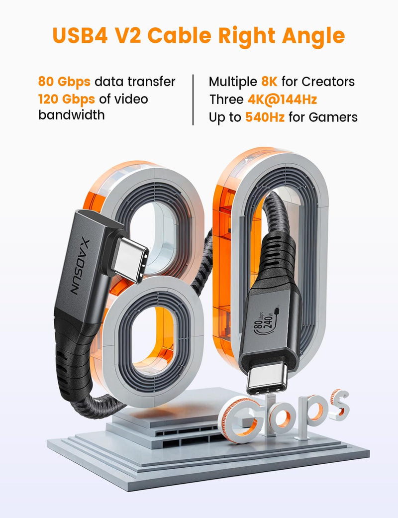 XAOSUN 80Gbps USB 4 v2 Cable for Thunderbolt 5 Cable 4.9FT, 240W Right Angle Thunderbolt 4 Cable, 8K/6K 90 Degree USB C Cord, 120Gbps Bandwidth Boost Compatible with MacBook, Docks, Hub, SSD