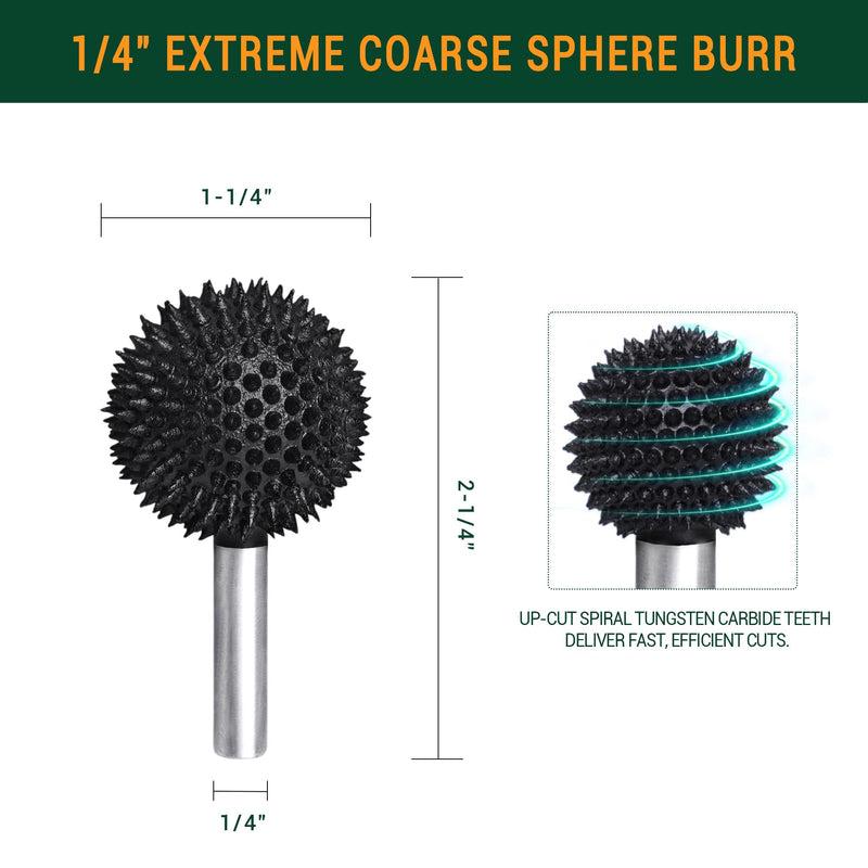 Extreme Coarse Sphere Rotary Burr, 1⁄4" Shaft, Ball Shape Rotary Rasp bit for Wood carving-fit Bosch,Foredom, DeWalt, Milwaukee Tools- Abrasive Tungsten Carbide Rasp Sphere, 1-1/4" Head Diameter