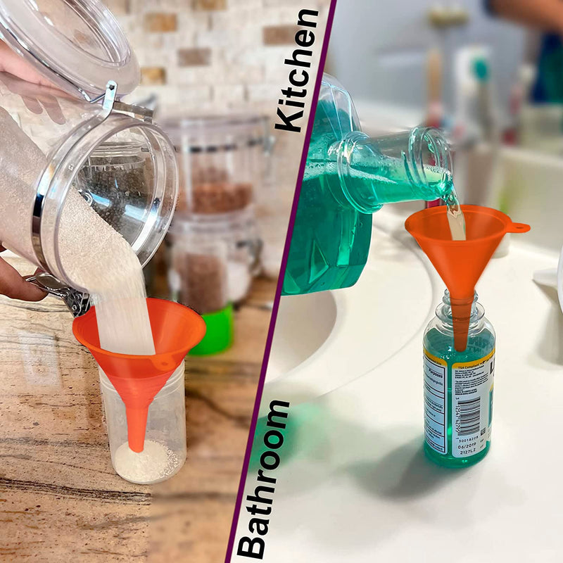 Plastic Funnel for Automotive Use - Kitchen Funnels for Filling Bottles, Jars, Containers or Lab Use - Oil Funnel for Gas, Car Oil, Lubricants and Fluids (Orange-4 Pack) Orange-4 Pack