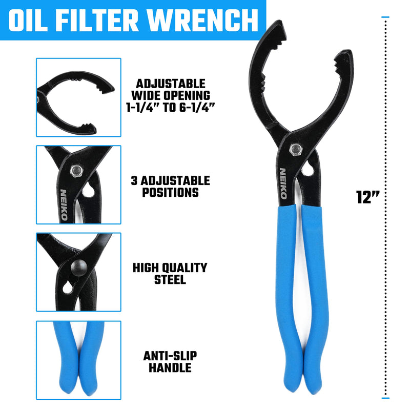 NEIKO 03422A Oil Filter Wrench, 12” Adjustable Oil Filter Pliers, 3 Adjustable Positions, Fits 2-3/8” to 4-1/2”, Oil Change Tools, Filter Removal Tool 12" Oil Filter Wrench