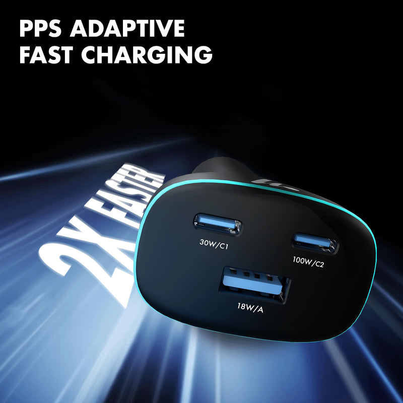 PD 130W Superfast Charging 2.0 Wozoyo Car Charger, with 2XType C & USB-A, PPS & QC 3.0, Triple Port (100W + 30W + 18W), 12V–24V Compatible, Multi-Layer Protection, 2-Years Manufacturer Warranty PD 130W