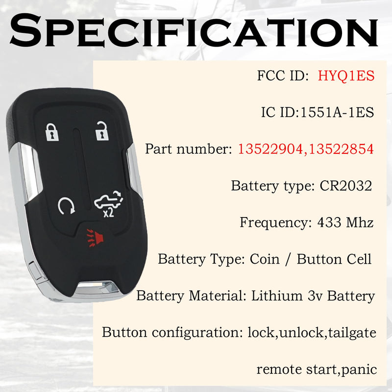 Keyless Entry Remote Control Key Fob Replacement Fits for GMC Sierra 1500 2500 3500 2019 2020 2021 2022 2023 Chevrolet Silverado 1500 2500 3500 HYQ1ES 13522904 13522854 433 MHz
