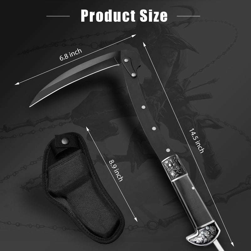 Black Sharp Folding Sickle Knife, Two Section Foldable Scythe Knife, Wooden Handle Folding Scythe Tool with Sophisticated Rose Pattern, Folding Kama Collection with Sheath