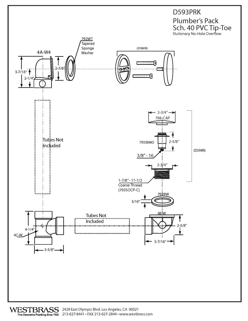 Westbrass Illusionary Overflow Sch. 40 PVC Plumbers Pack with Tip-Toe Bath Drain, Polished Chrome, D593PHRK-26