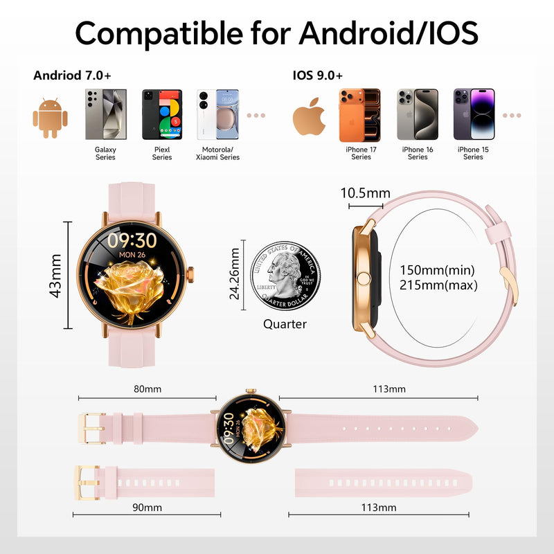 Smart Watch for Women,1.57" Touch Screen Smartwatch for iPhone& Samsung& Android,Answer/Make Call,Fitness Tracker with Heart Rate/SpO2/Sleep Monitor,IP68 Waterproof,110+ Sports Mode,2 Bands Pink 1.57 inches
