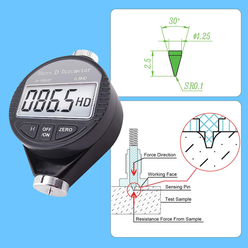 Shore D Hardness Tester Meter Portable 0-100HD Digital Durometer D for Rubber, Tire, Plastic, Thermal Plastic, Flooring, Bowling Ball with Large LCD Display Black