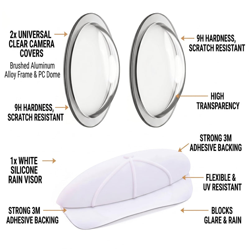 Universal Backup Camera Rain Cover and Sun Visor, Flexible Silicone Rear View Lens Protector Shield for Cars, Trucks & SUVs, Reduces Sun Glare & Water Drops (White) White
