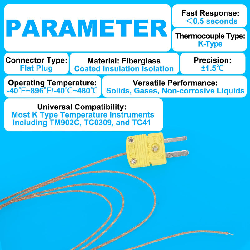 DROK High Accuracy K Type Thermocouple Probe - 5 Pack Type K Temperature Probes & Sensors for Thermocouple Thermometer, 2 Meters Long Measure Range -40°C~480°C (-40°F~896°F) 2m