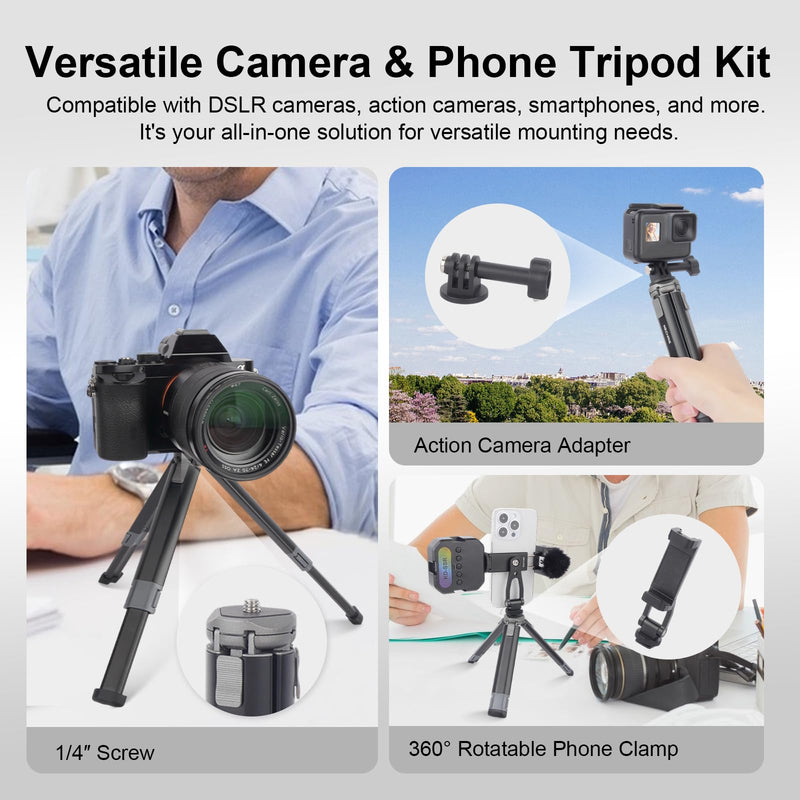 Mini Camera Tripod Kit, All Aluminum Desk Tripod with 360° Phone Holder for DSLR/Action Camera/Cellphone, Phone Tripod Stand Selfie Stick for Video Recording/Vlogging, Max Load 11lbs (SY027)