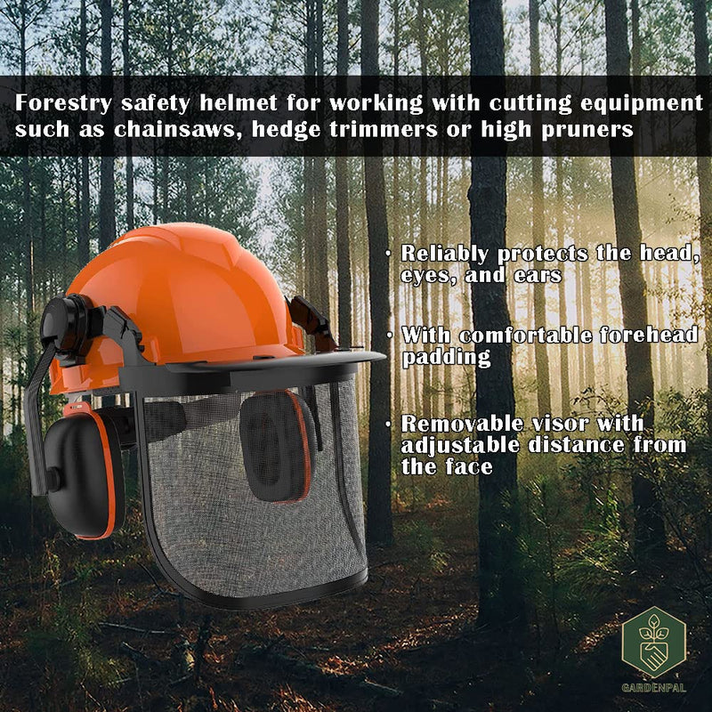 GardenPal Industrial Forestry Safety Helmet and Hearing Protection System, with Mesh Face Protection, Safety Helmet with Ear Muffs, Chainsaw Helmet, Chainsaw Face Shield, (Orange)