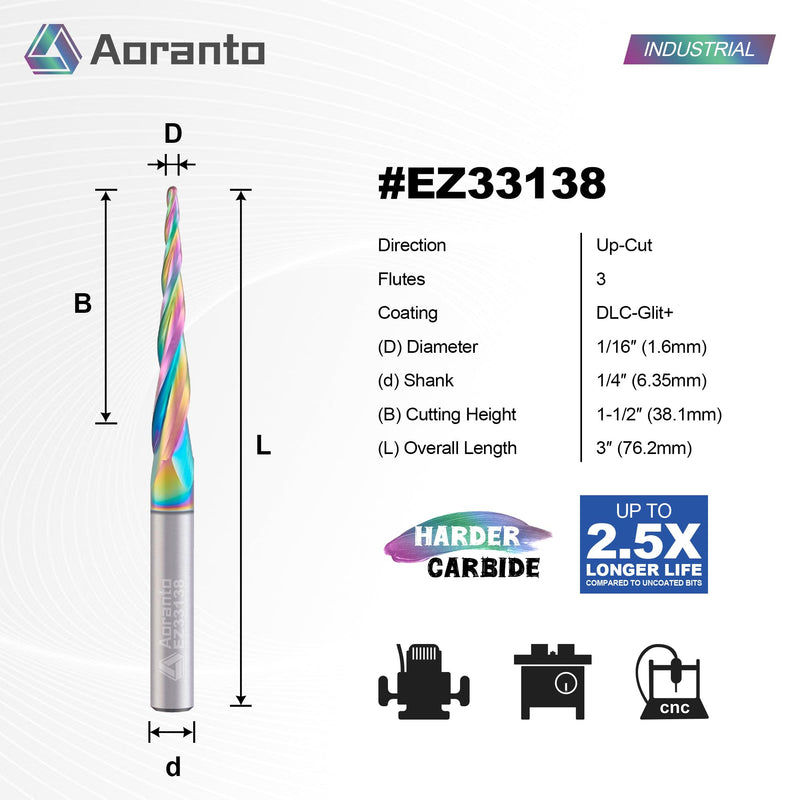 EZ33138 3.6° Tapered Ball Nose CNC Router Bit 1/4" Shank, Industrial Quality Extra Long Life Coating Carbide Spiral End Mill for 3D Carving Engraving, 3 Flutes 1/16" Tip Dia x 1-1/2" CL 2 Pack 1/16"Dia 1/16"Dia x 3.6° x 1-1/2"CL x 1/4"SHK