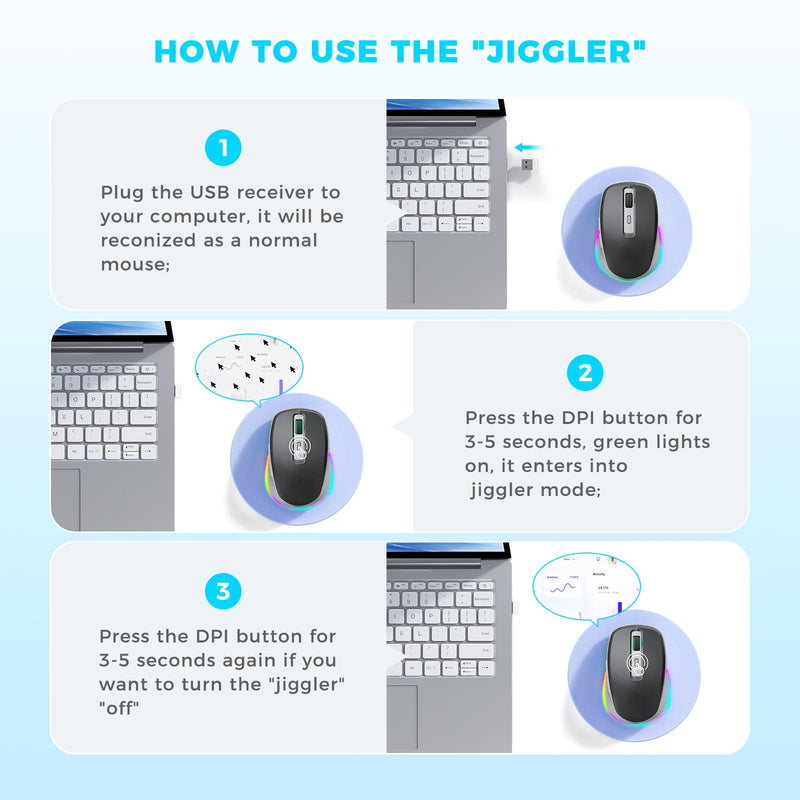 PEIOUS Wireless Mouse Jiggler - LED Wireless Mice with Build-in Mouse Mover, Rechargeable Moving Mouse for Laptop with Undetectable Random Movement Keeps Computers Awake - Black & Grey