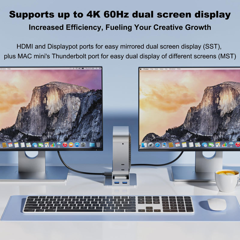  [AUSTRALIA] - Mac mini M4 Dock & Stand with 4K60Hz HDMI and DisplayPort, M.2 NVMe SSD Enclosure, 4 USB-A Ports, SD/TF Card Reader 9 in 1 Hub for Mac mini M4/M4 Pro - Silver