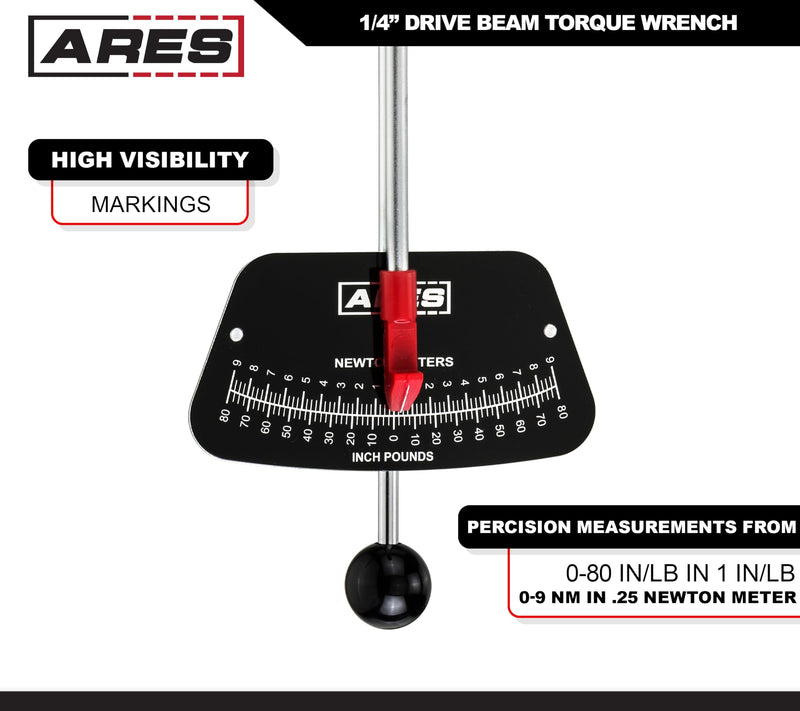 ARES 70213-1/4-inch Drive Beam Torque Wrench - 0-80 Inch/Pounds and 0-9 Newton/Meter Torque Wrench - High Visibility Markings for Easy Readings 1/4" Drive Beam Torque Wrench