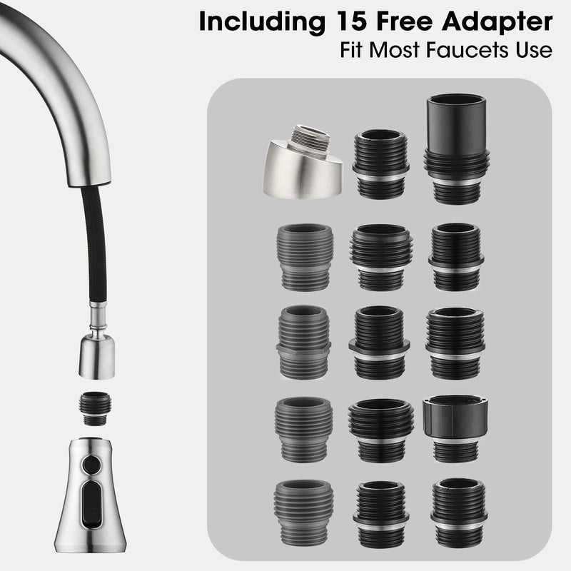Kitchen Faucet Head Replacement, Pull Down Faucets Spray Head for Kitchen Sink, 3-Function Spray Nozzle, 15 Adapters Kit Compatible with American Standard, Brushed Nickel