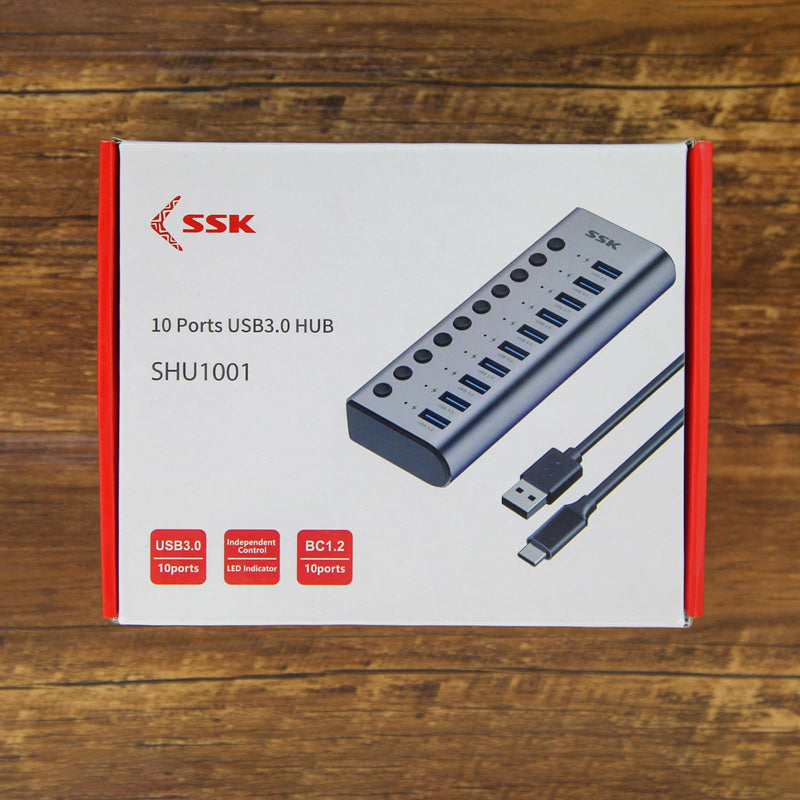 SSK 10 Port Powered USB 3.0 Hub, 60W Aluminium USB Charging Hub with DC 12V5A Power Adapter, Supports Simultaneous Fast Charge and 5Gbps Data Transmission,USB Extender Hub with 3.96ft/1.2m Long Cable