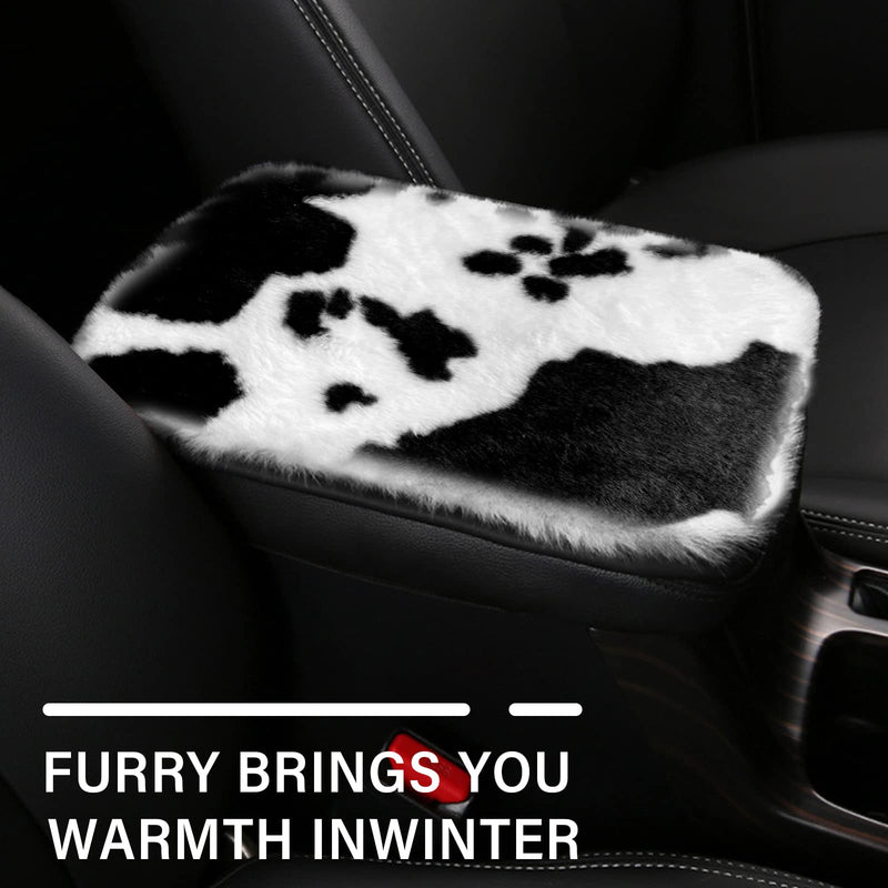 JINGSEN11 Pieces Fluffy Car Accessories Set,Fluffy Cow Print Plush Steering Wheel Covers for Women Soft Fleece Handbrake Cover Shift Cover Car Trim Warm Non-Slip (Black) black