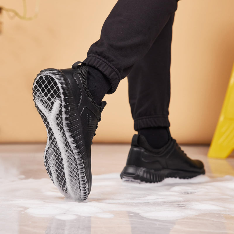 SHULOOK Men's Non Slip Work Shoes Lace Up Slip Resistant Sneakers Waterproof Food Service Kitchen Chef Restaurant Slip On Walking Shoes Lightweight Comfortable Nursing Shoes Working Footwear 9.5 Black