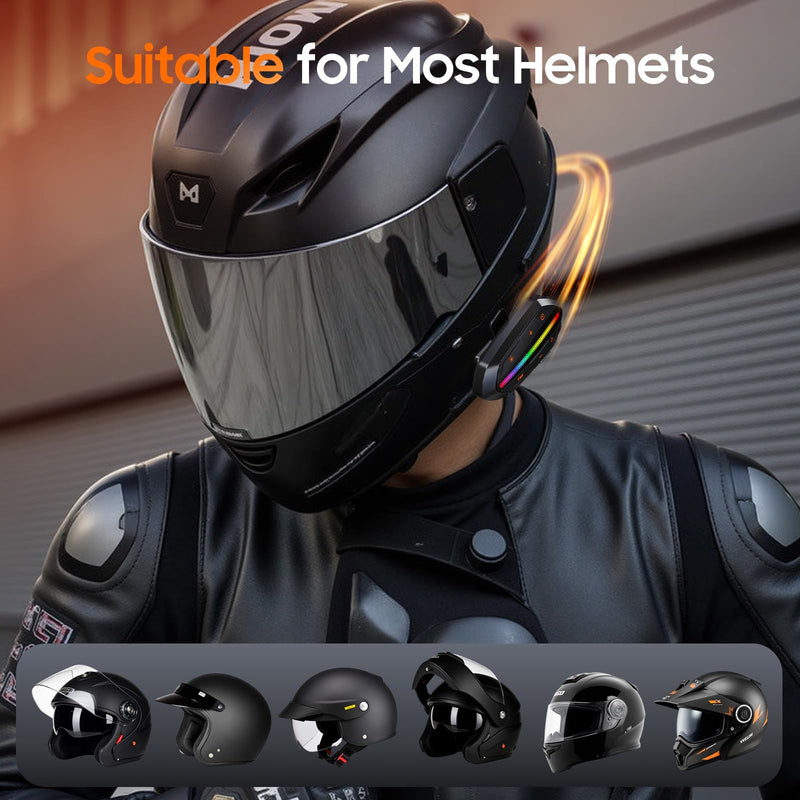 Motorcycle Bluetooth Headset V5.3, Noise Cancelling Helmet Speakers with High Volume, Dual Mic, 1000mAh Battery, IPX6 Waterproof & RGB Lights for Riding Black